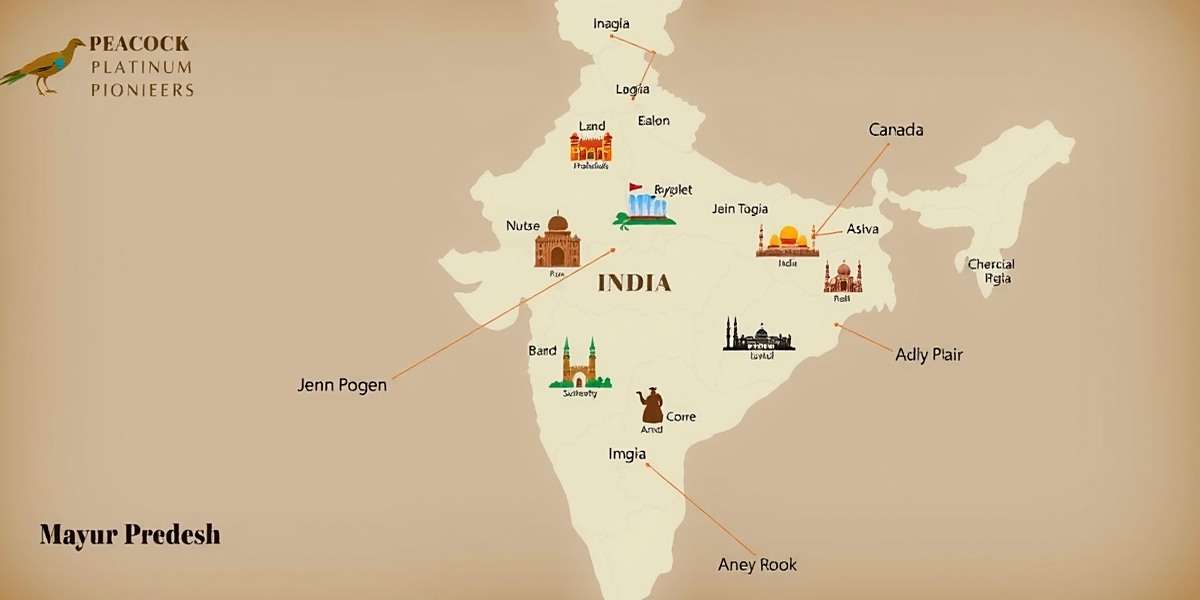 Peacock Platinum Pioneers World Map - Mayur Pradesh Map of Mayur Pradesh from Peacock Platinum Pioneers showing various Indian regions with iconic landmarks
